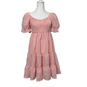 Gingham Pink Dress Dokuutu Plaid Flowy Beachy Puff Sleeve Midi Doll Ruffle